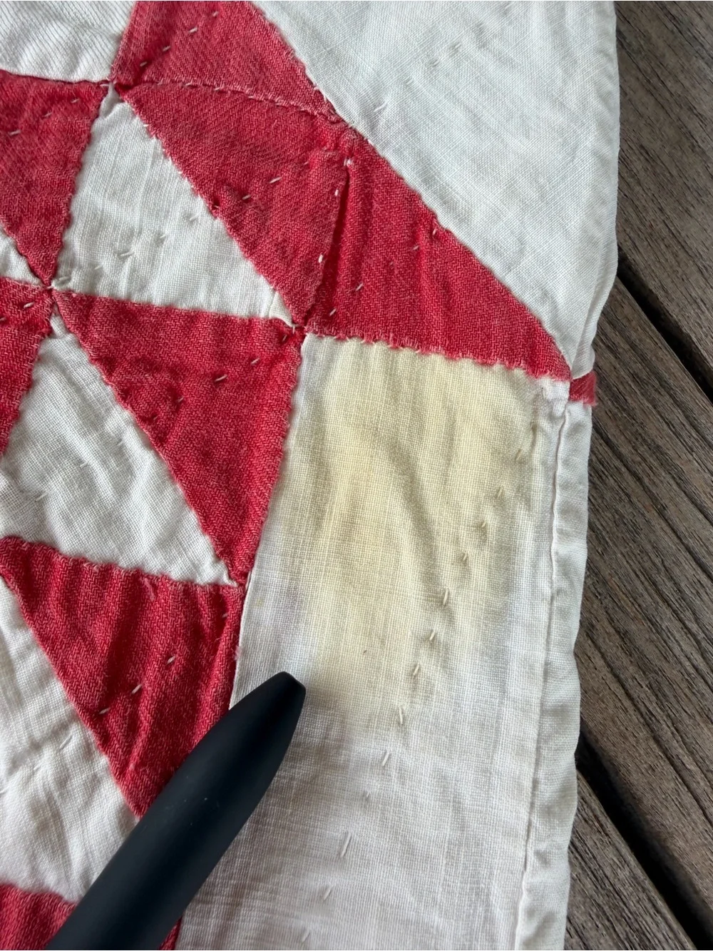 Vintage Pickle Dish Quilt Hand Stitched Red White Gauzy Cotton Thin 57x89 READ